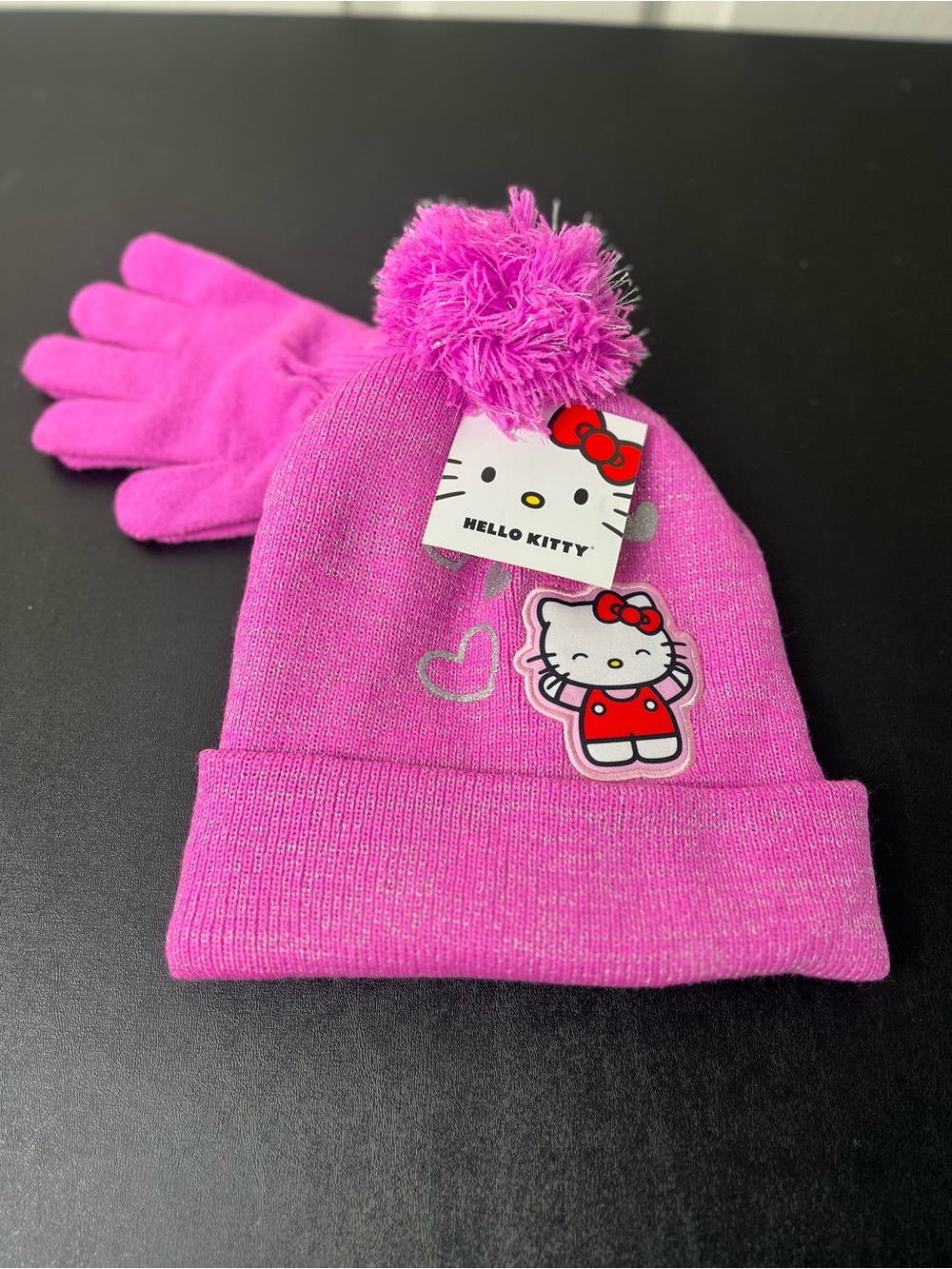 Hello Kitty Bright Pink Pom Pom Beanie with Matching Gloves